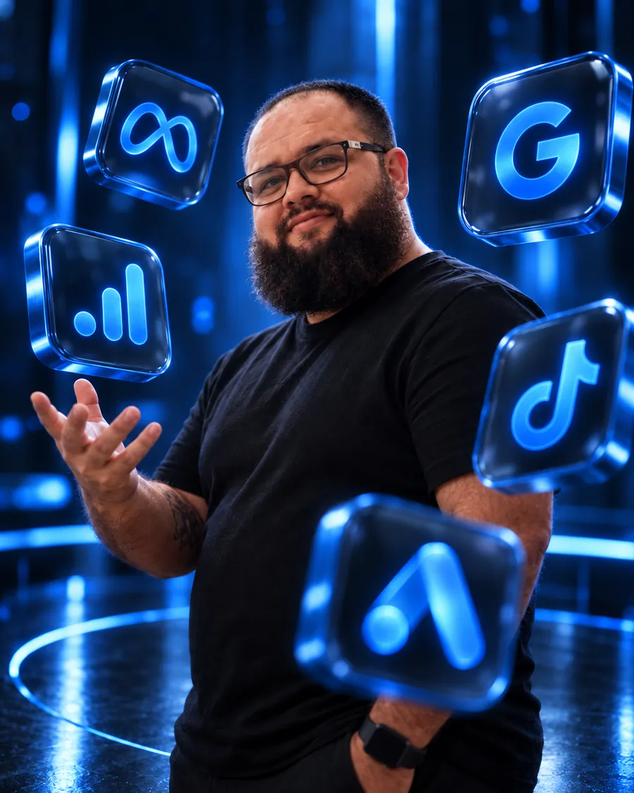 Rafa Alexander cercado pelos ícones de Meta, Google, Google Analytics, TikTok e Google Ads